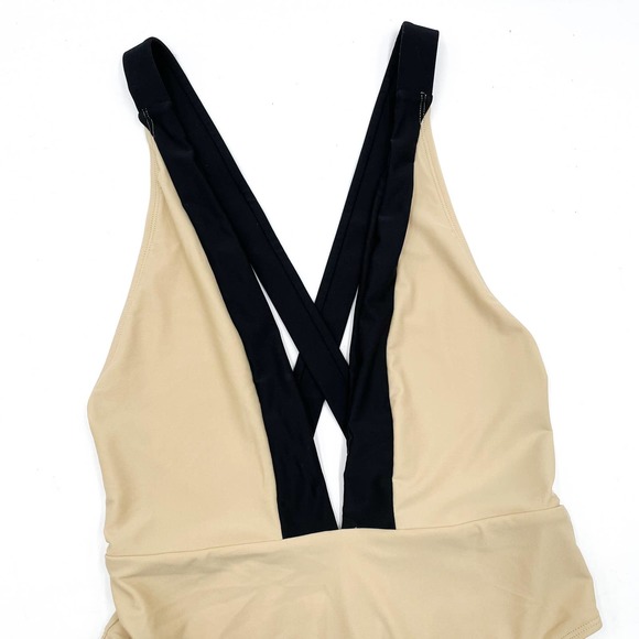 New Michael Costello Talliah One Piece Swimsuit Tan Black Crisscross Back Sz S - Picture 5 of 10